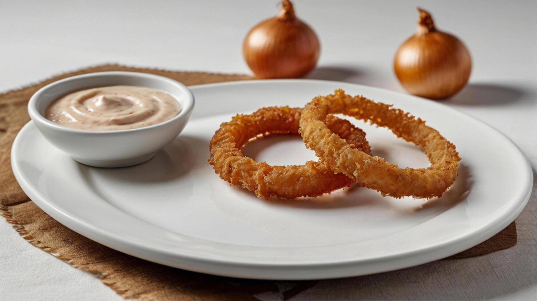 A plate with onion rings and a bowl of dip photo