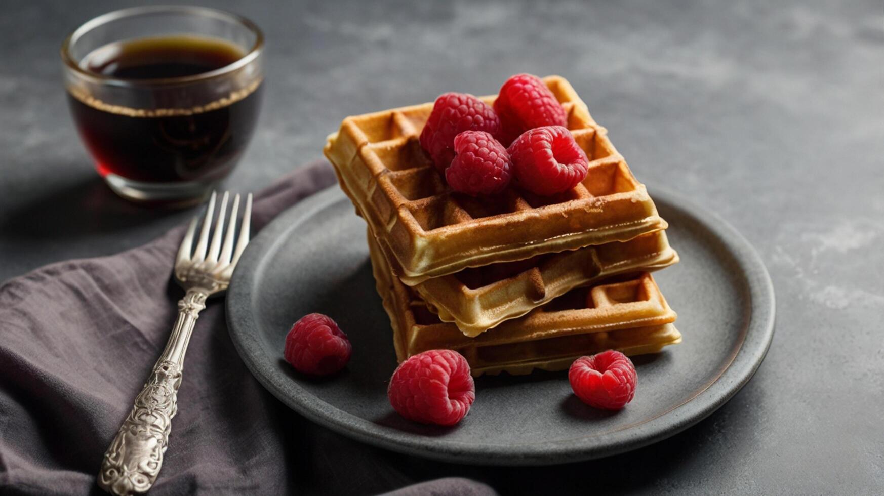 A stack of waffles with raspberries on top photo