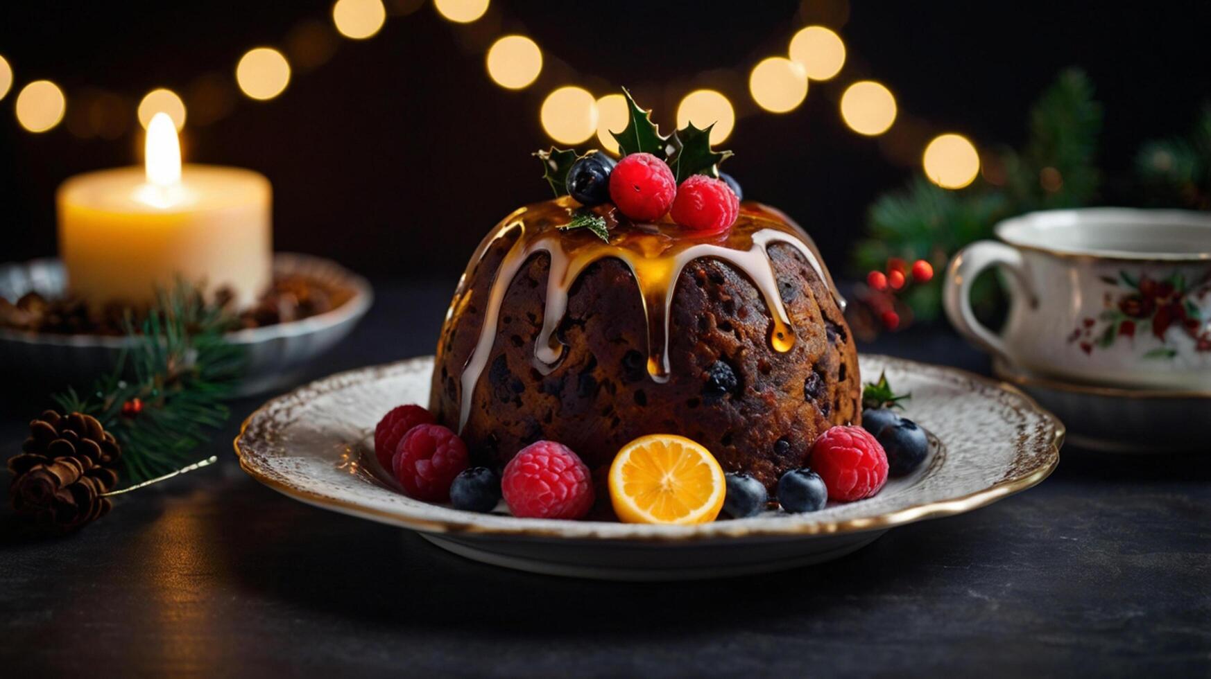 Christmas pudding with berries and candles on a plate photo