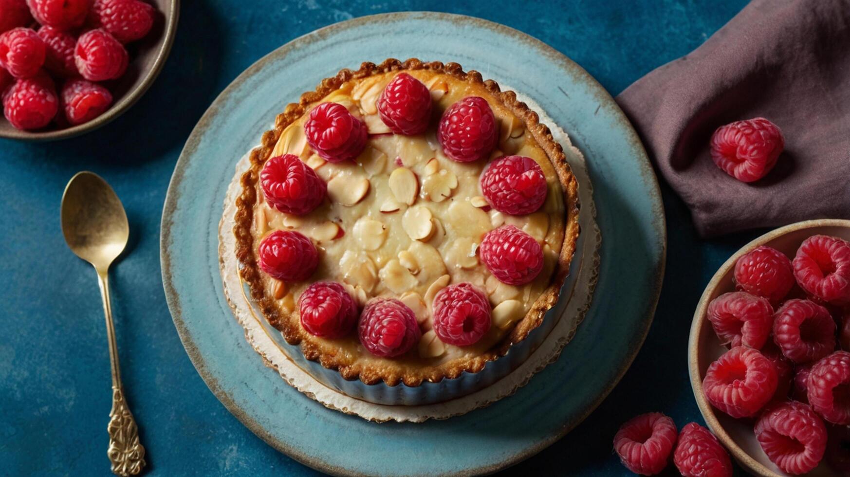 A tart with raspberries and almonds on a blue table photo