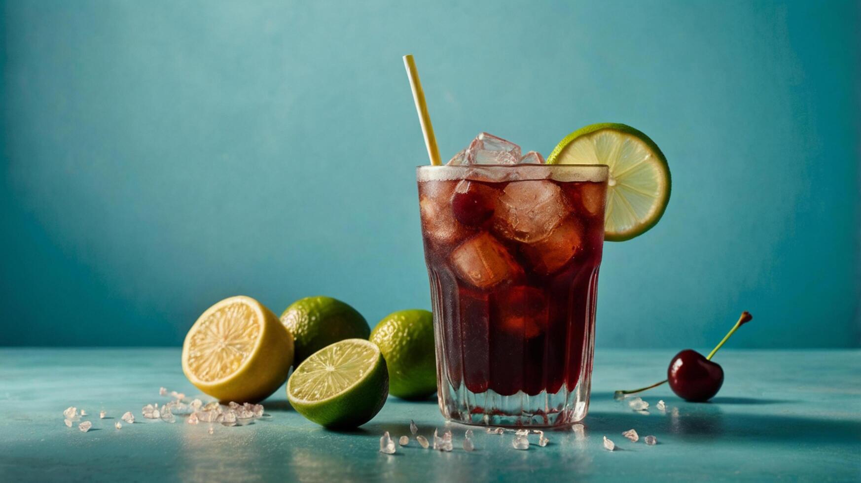 A glass of iced tea with lime slices and cherries photo