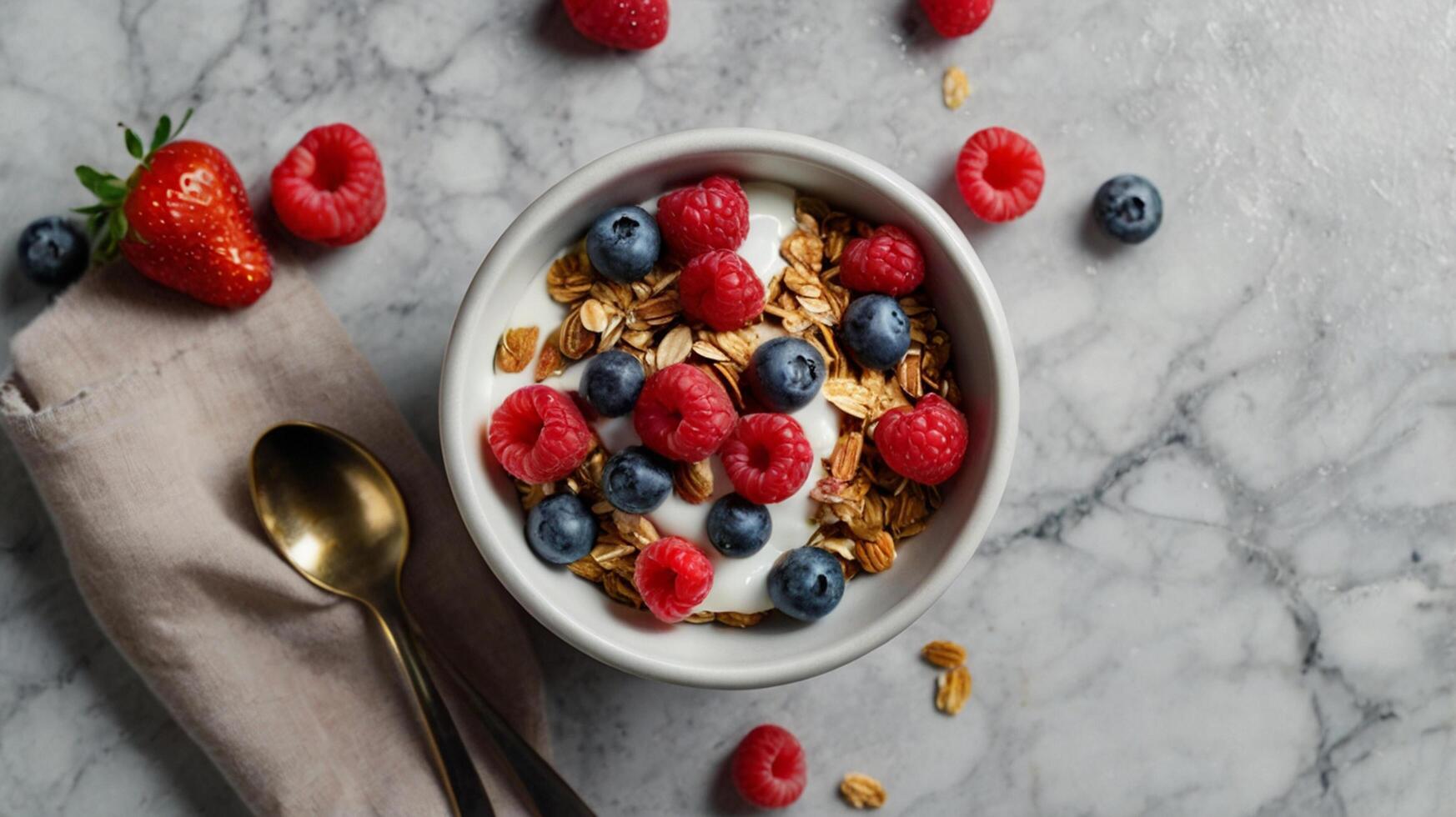 Granola with berries and yogurt in a bowl on a marble table photo