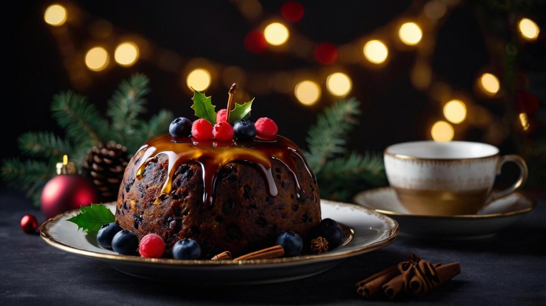 Christmas pudding with berries and cinnamon on a plate photo