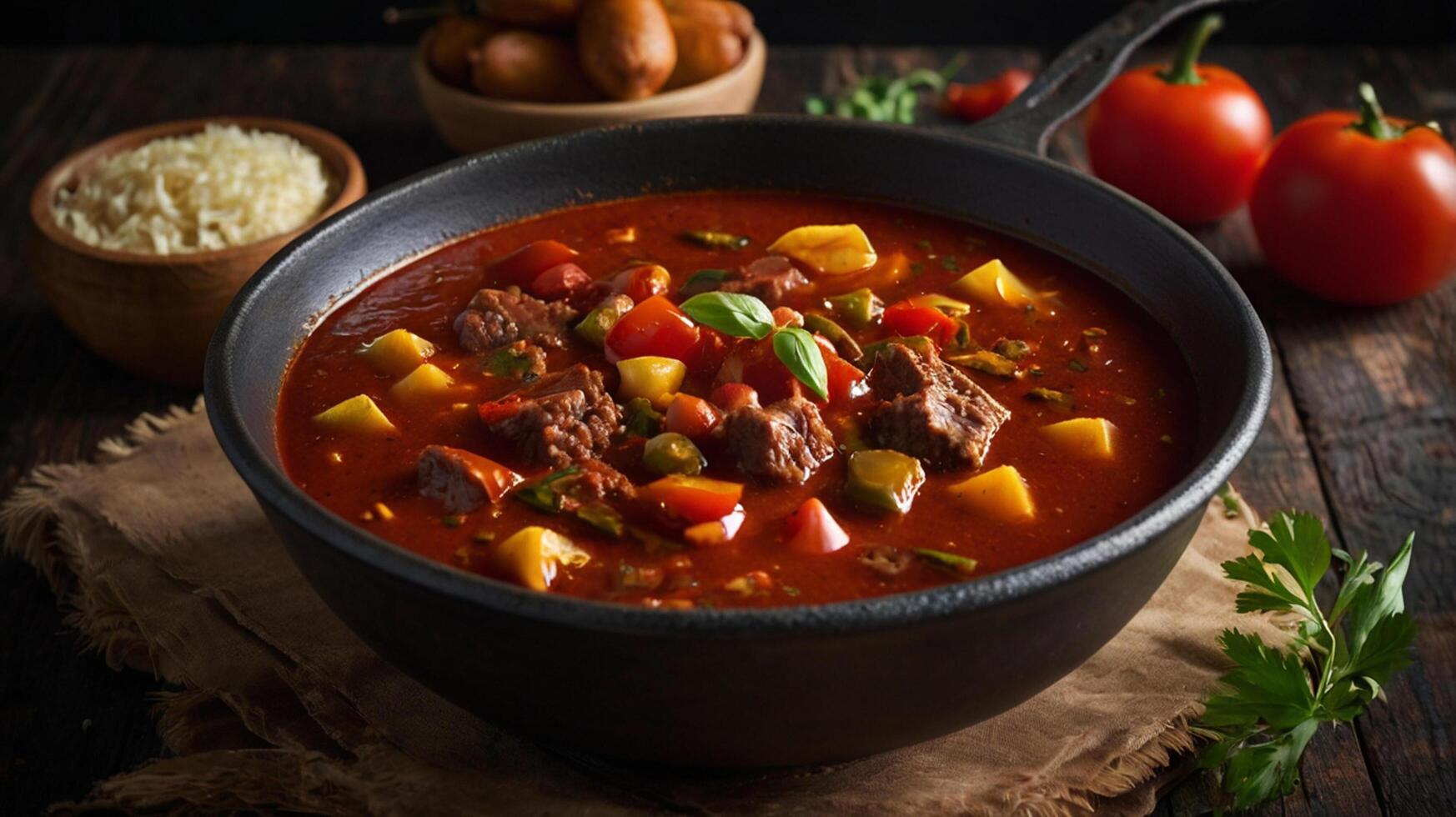 Beef stew in a black pot on a wooden table photo