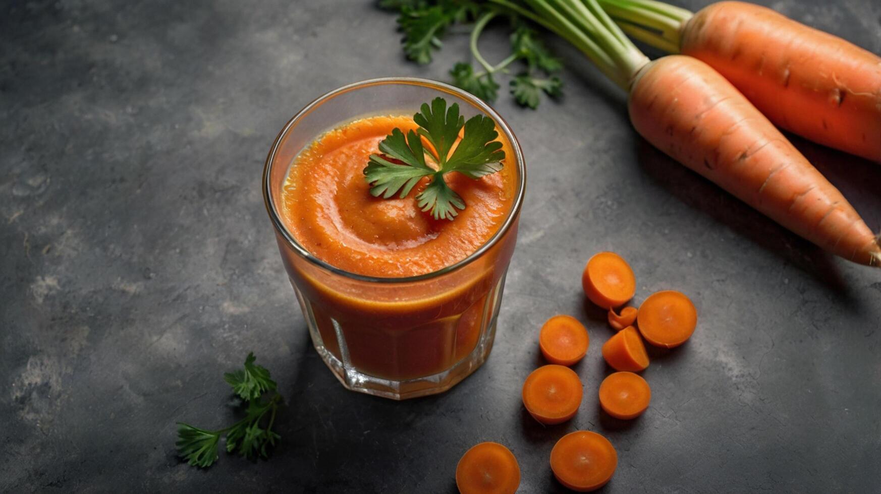Carrot juice in a glass with carrots around it photo