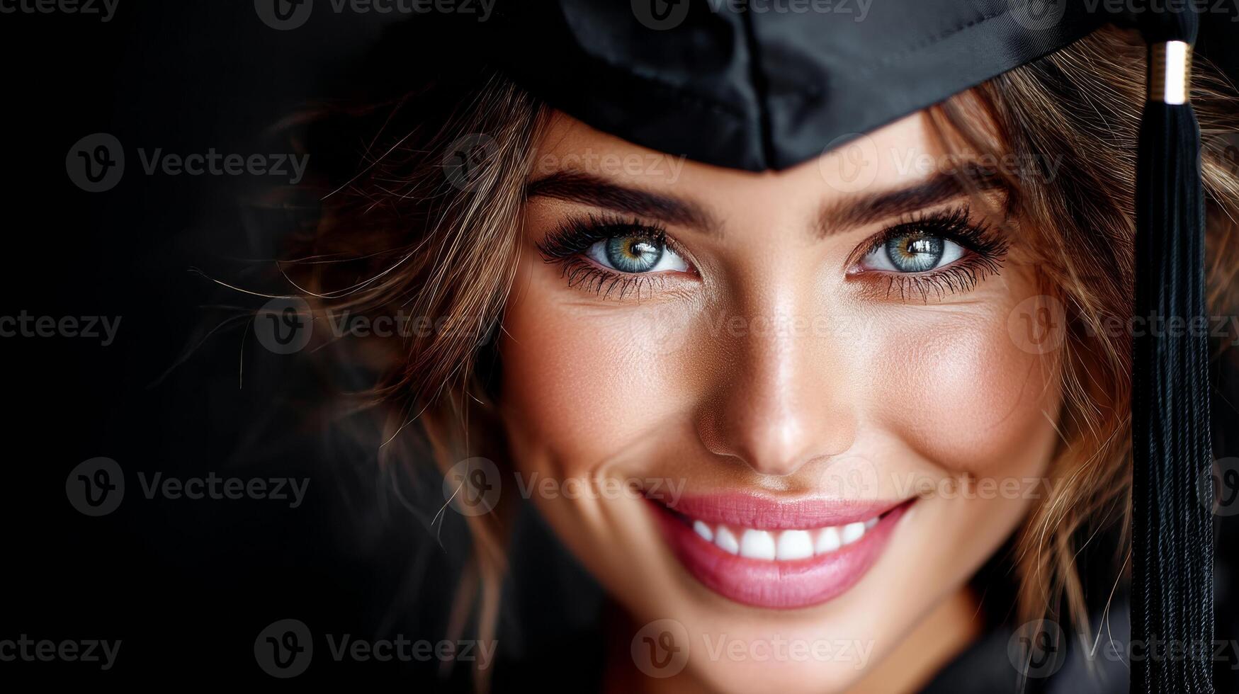 A woman in a graduation cap and gown smiling photo