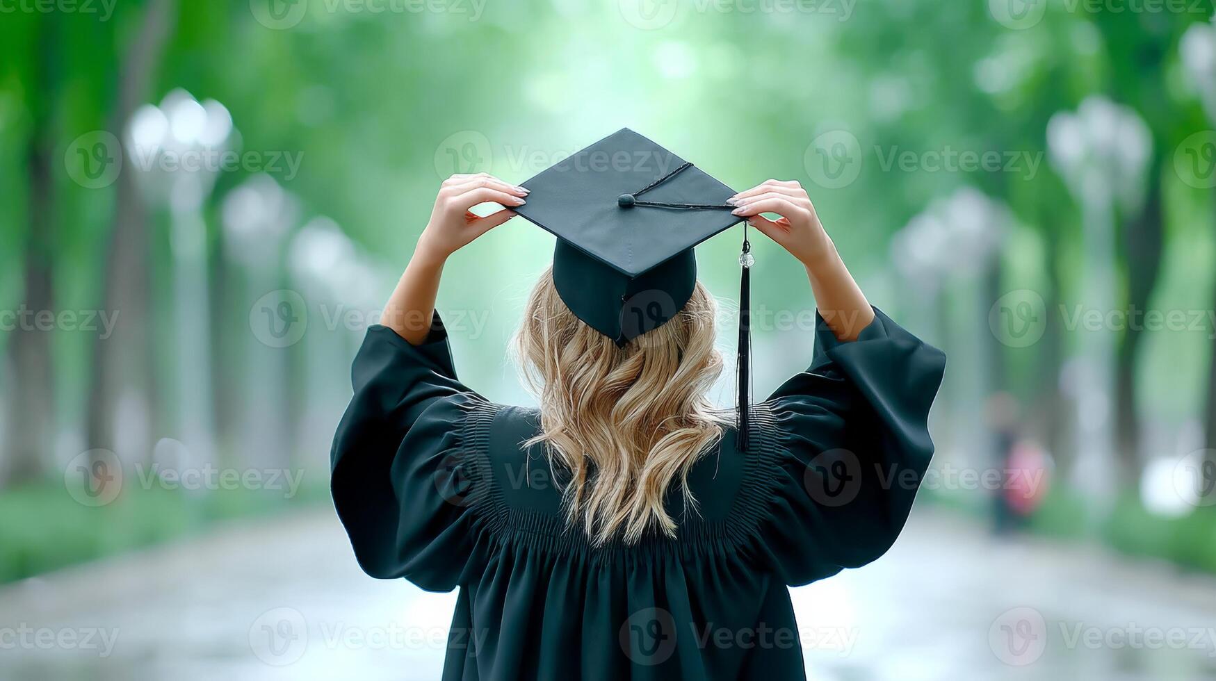 A woman in a graduation gown is holding her cap photo