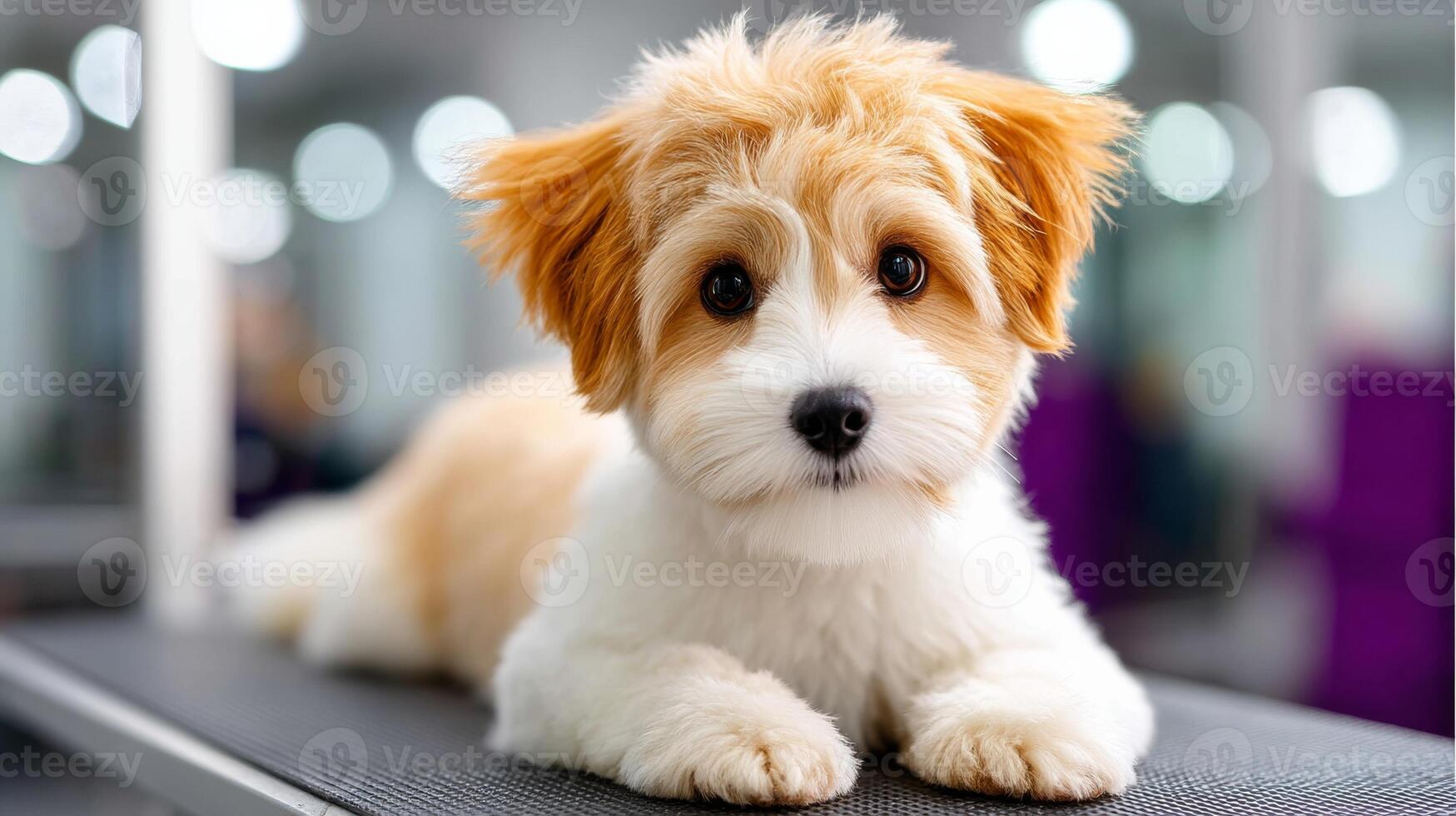 A small dog is sitting on a table photo