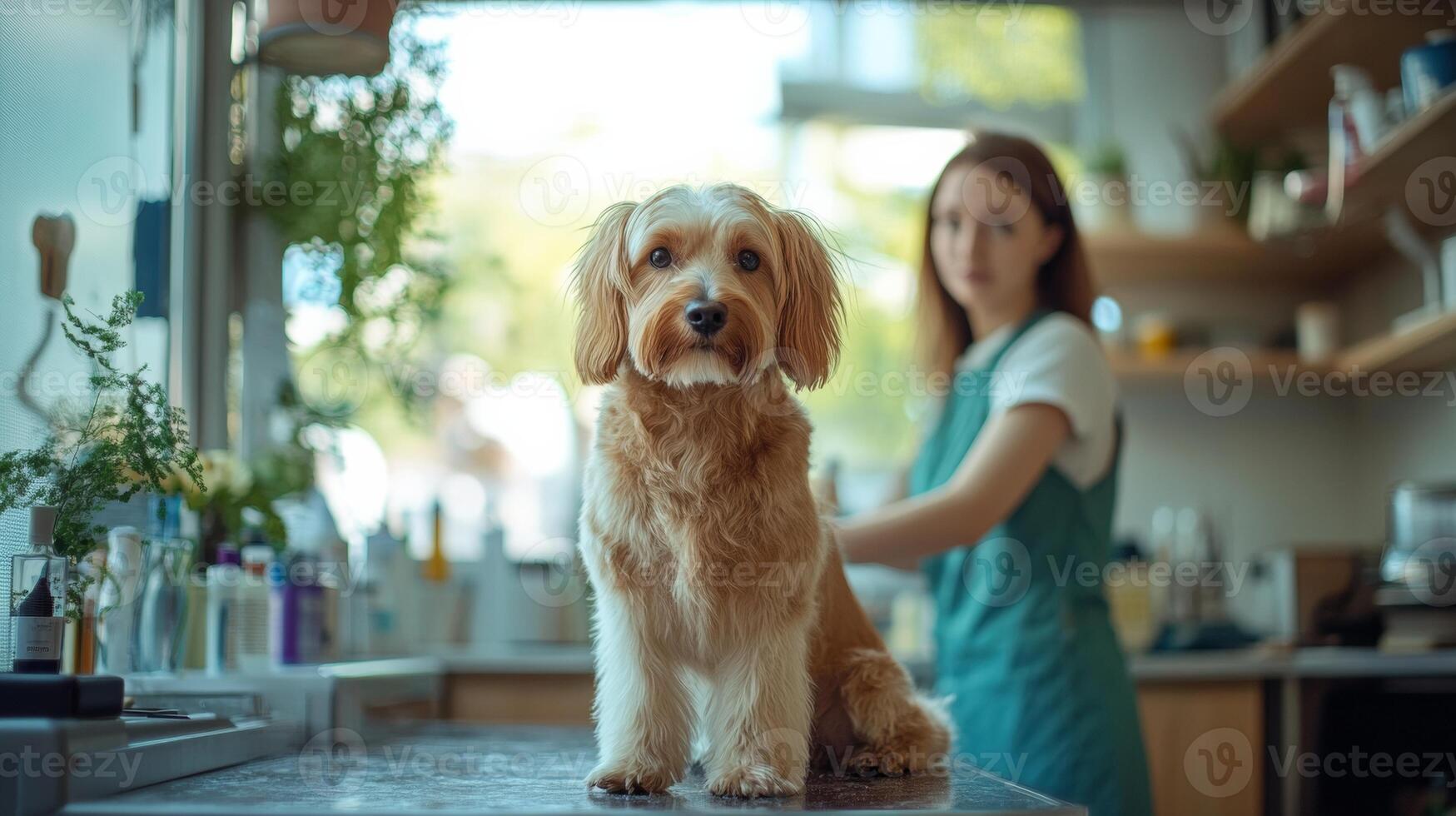 A woman is standing in front of a dog on a counter photo