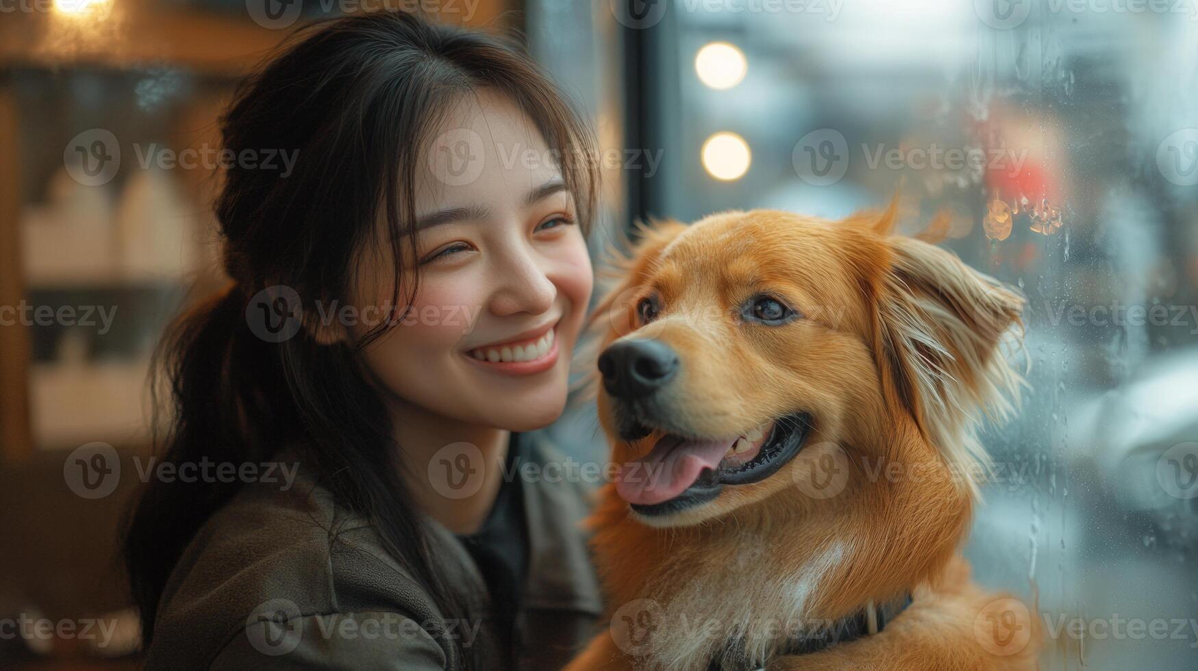 A woman smiles while holding a dog photo