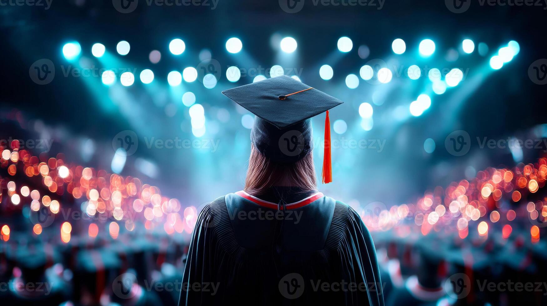 A graduate is standing in front of a crowd of people photo
