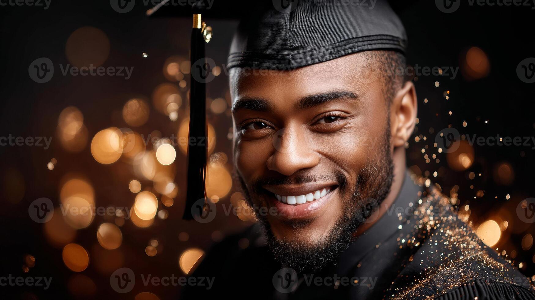 A black man in a graduation cap and gown smiling photo