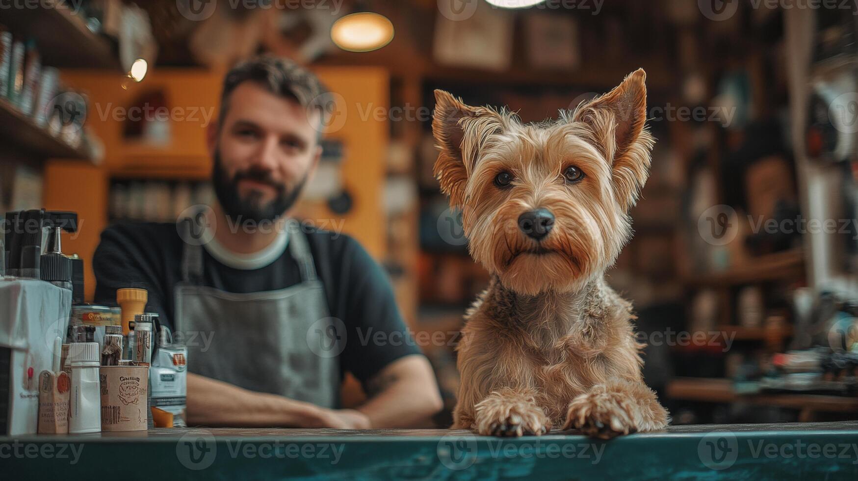 A man with a beard and a dog sitting at a bar photo