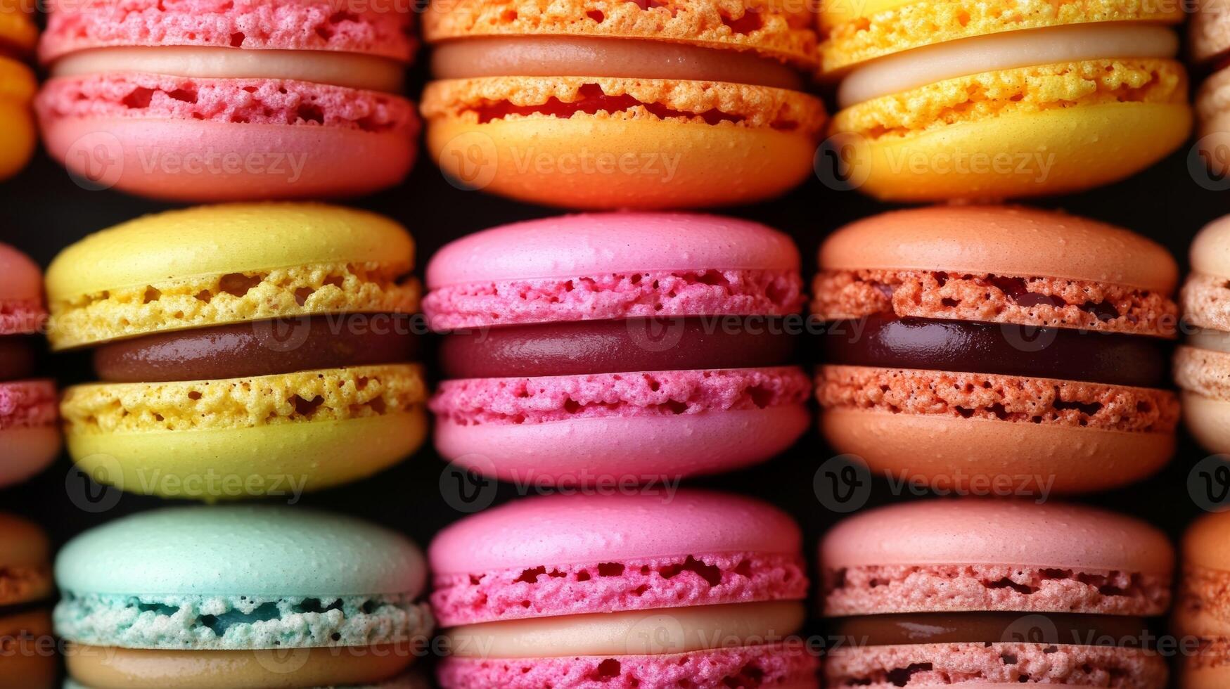 Many different colored macarons are arranged in a row photo