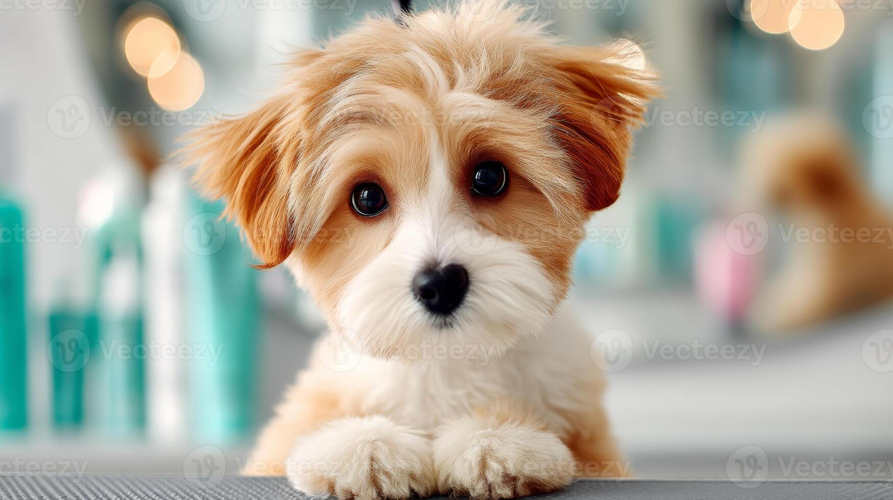 A small dog sitting on a table in front of a mirror photo