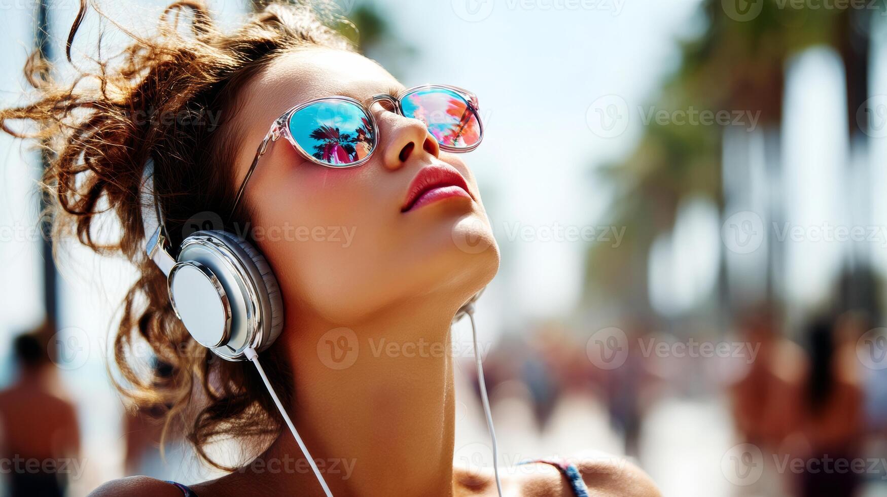 A woman wearing sunglasses and headphones listening to music photo