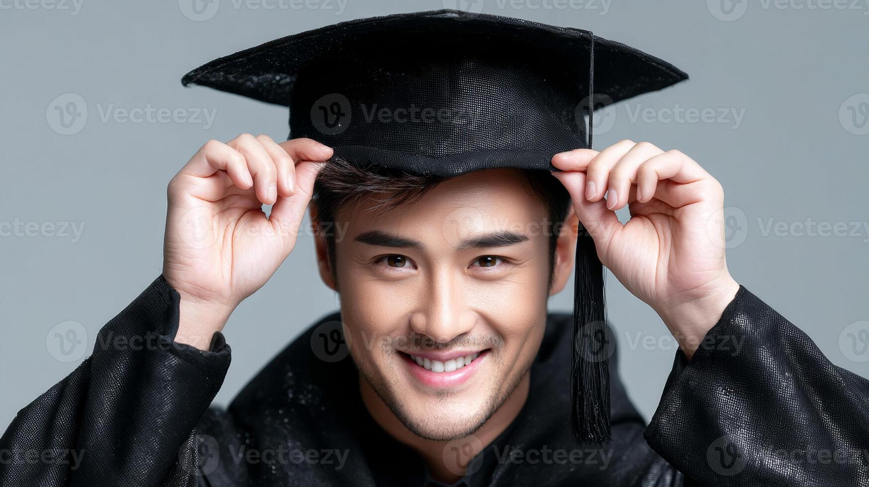 A man in a graduation cap and gown is smiling photo