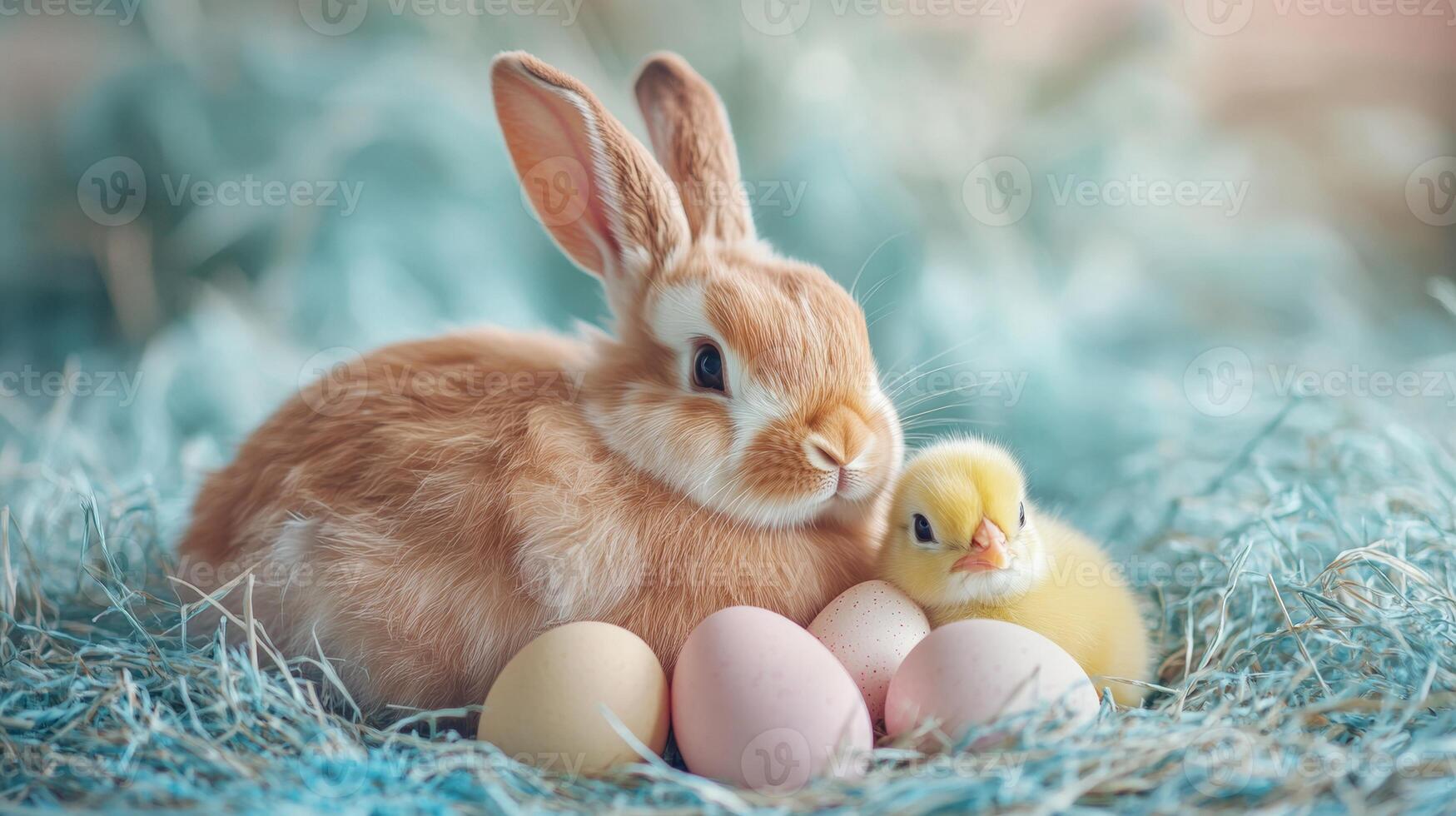 A small bunny and a duckling are sitting in a nest photo