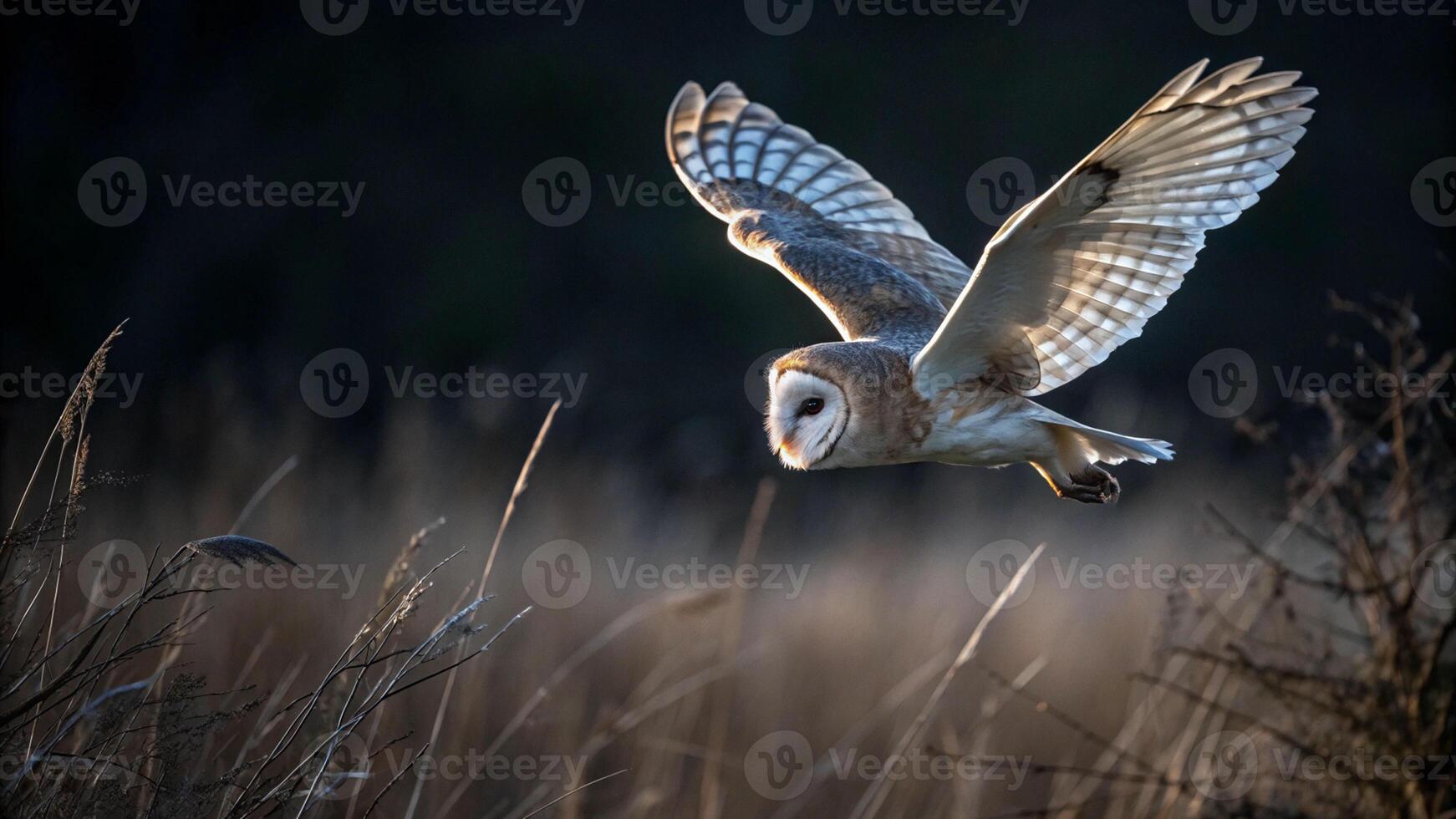 An owl flying over a field of tall grass photo