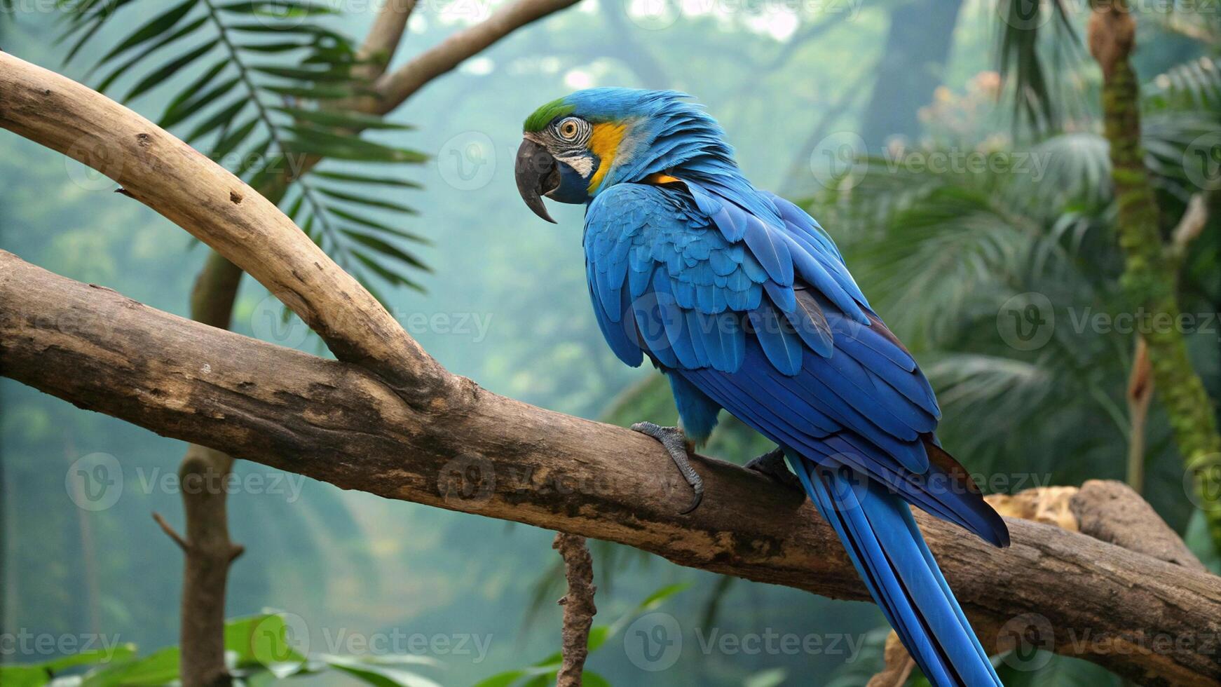 colorful parrot, blue and yellow feathers, tropical rainforest, lush vegetation, perched on branch, detailed closeup, photorealistic, 8k, highly detailed photo