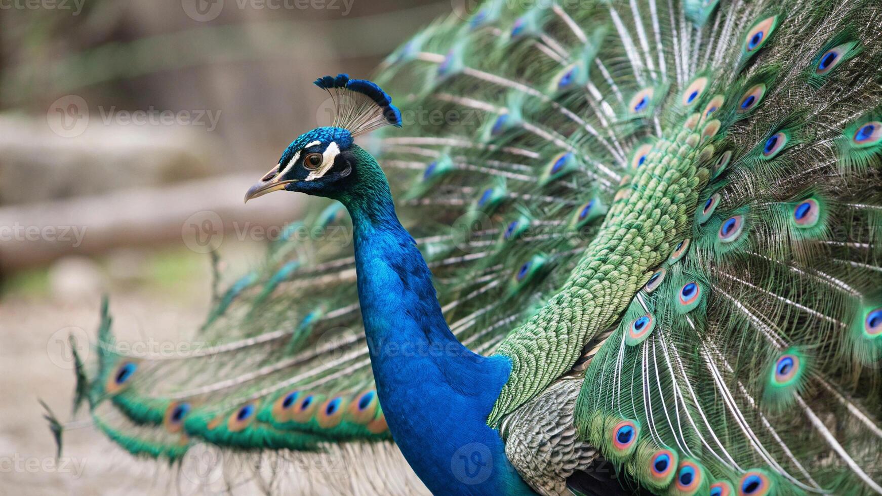 A peacock with its feathers spread out photo