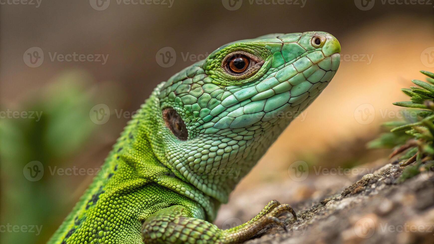lose-Up of a Green Lizard Reptile Showcasing Intricate Scale Patterns and Vibrant Coloration in Natural Habitat photo