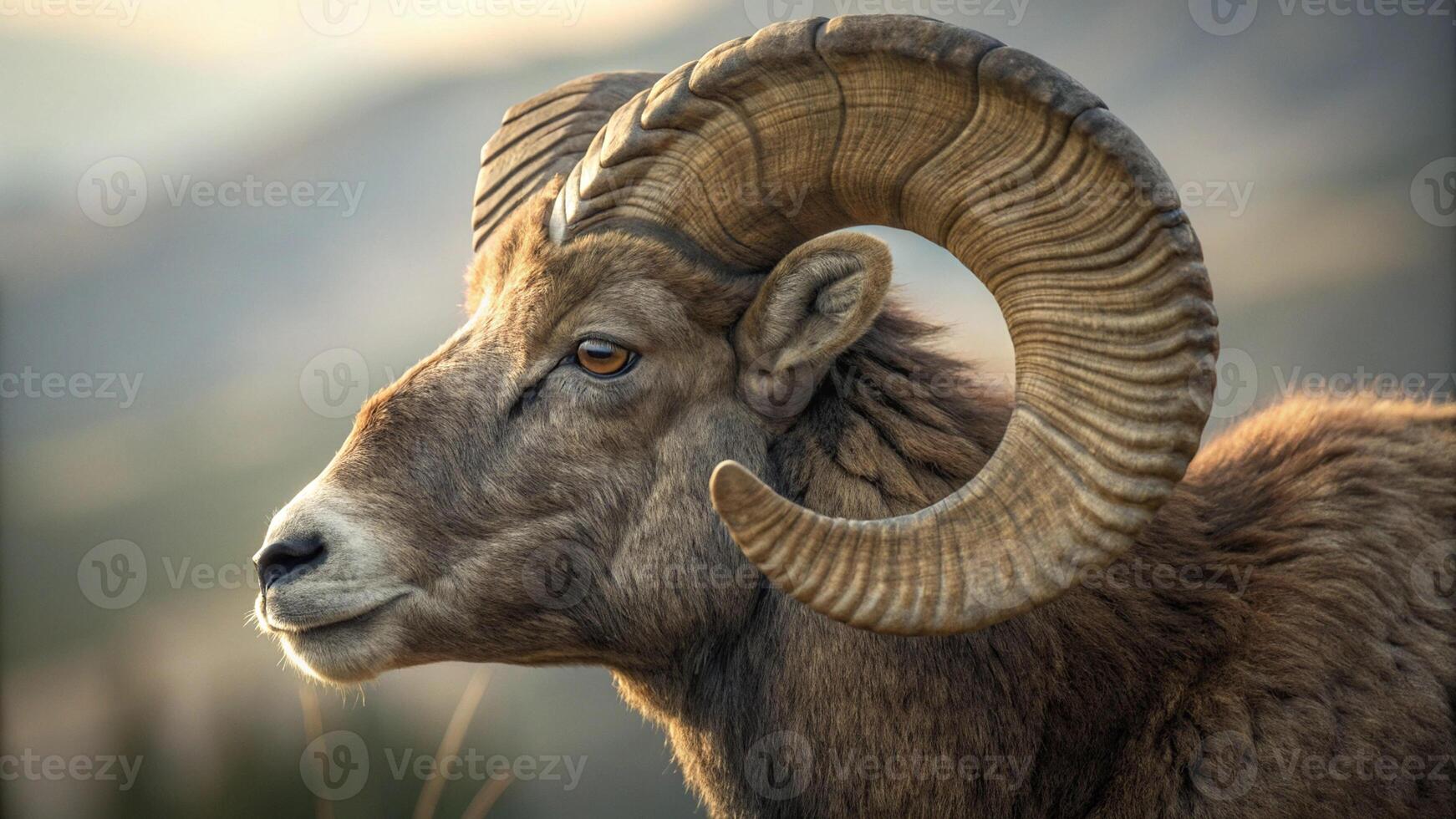 A ram with large horns standing in the grass photo