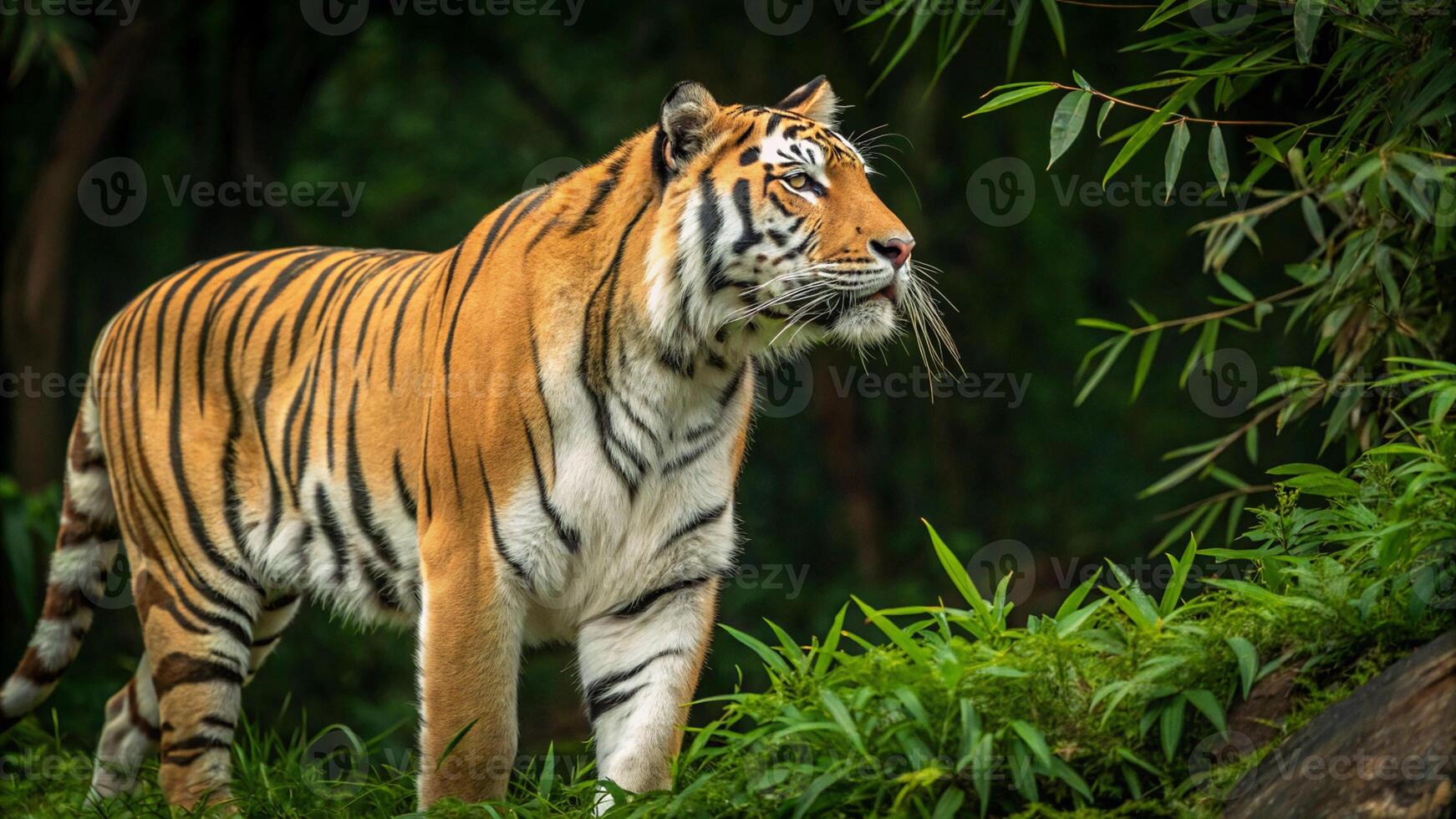 A tiger walking through the grass in the forest photo
