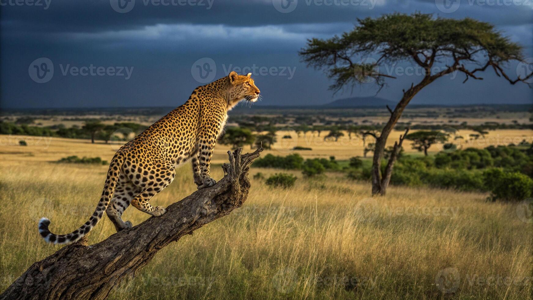 leopard on tree branch, savanna landscape, thunderstorm clouds, detailed realistic lighting, intricate details, high resolution, 8K photo