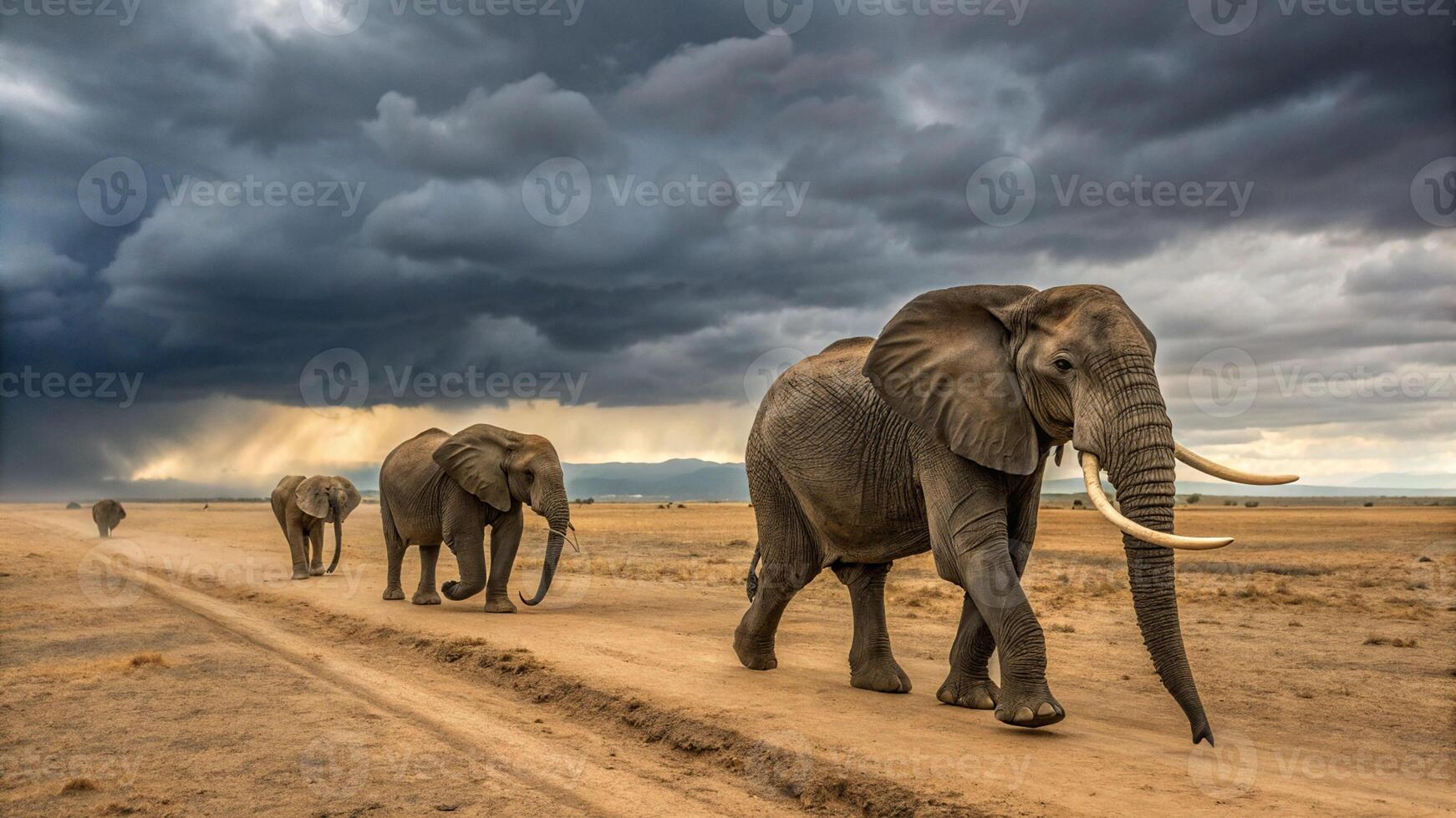 Elephants walking on a dirt road in the middle of a storm photo