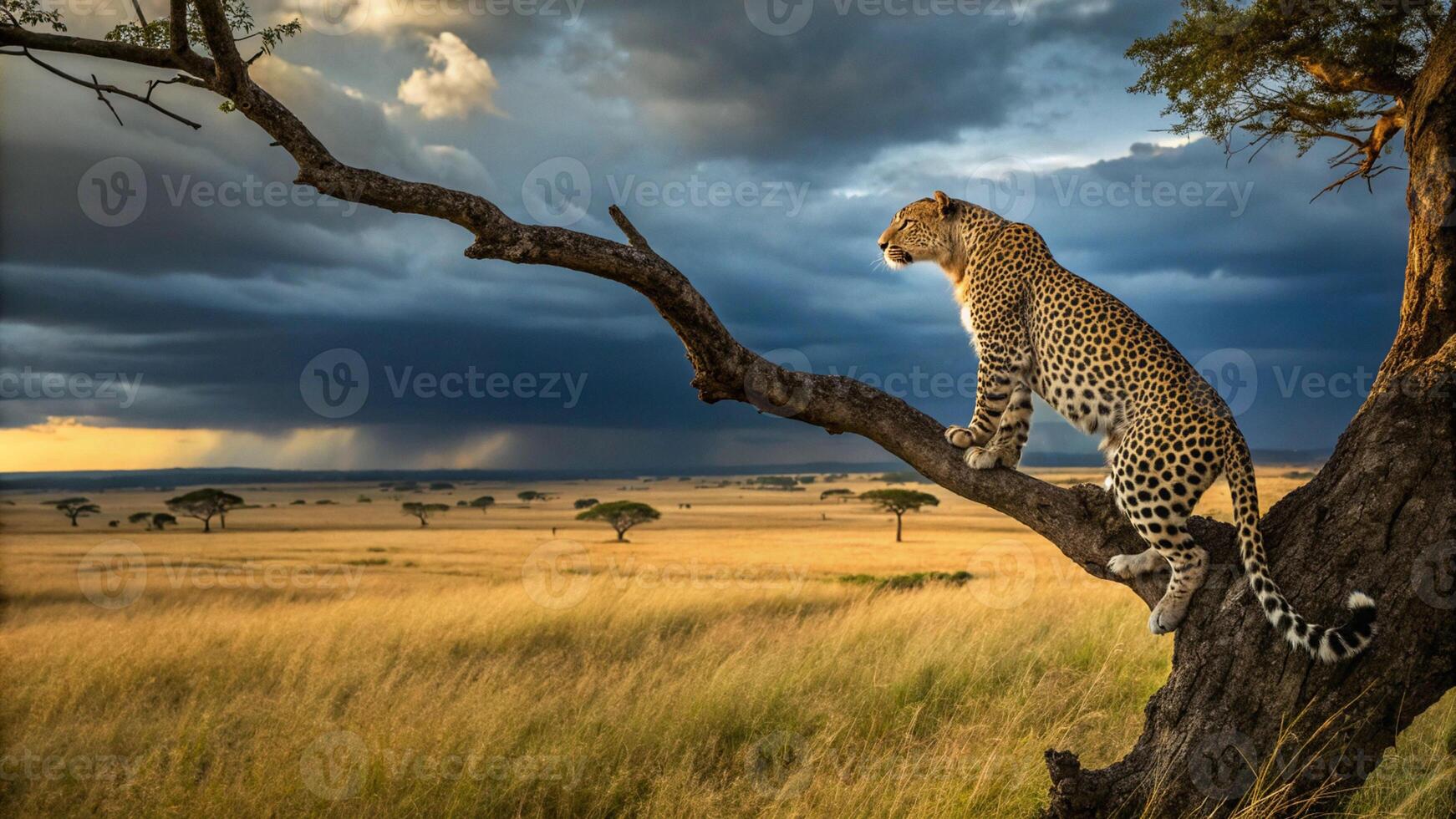 a leopard on a tree branch leopard on tree branch, savanna landscape, thunderstorm clouds, detailed realistic lighting, intricate details, high resolution, 8K photo