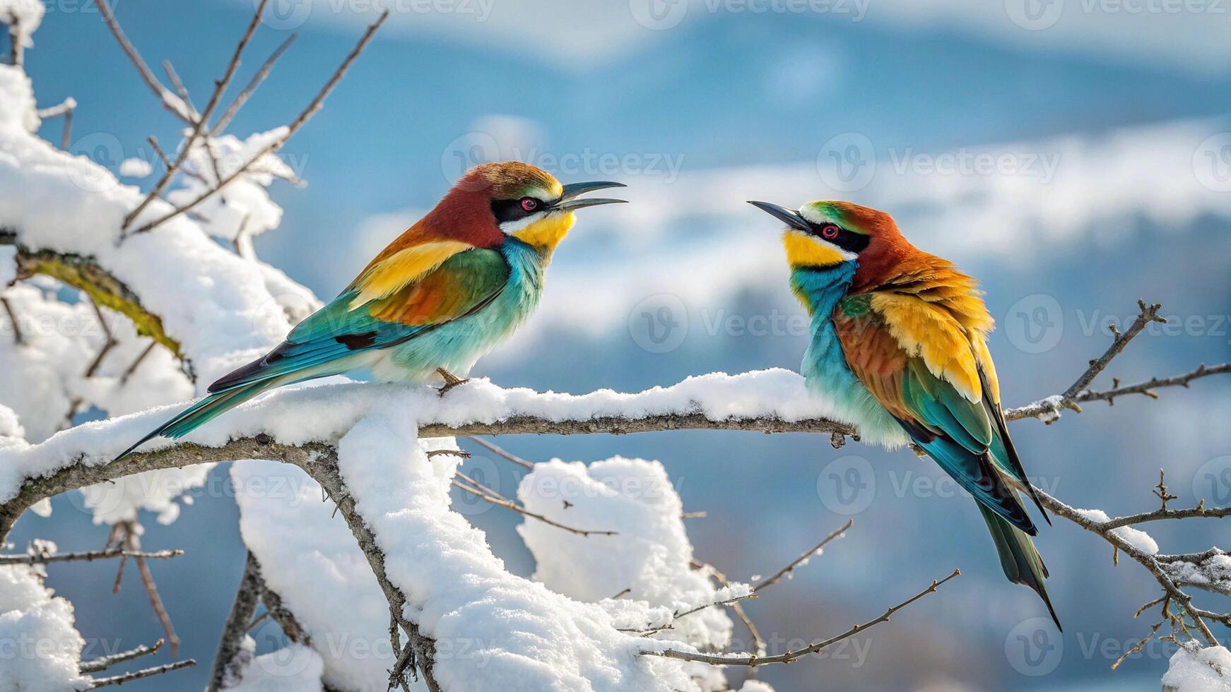 Two colorful birds sitting on a branch in the snow photo