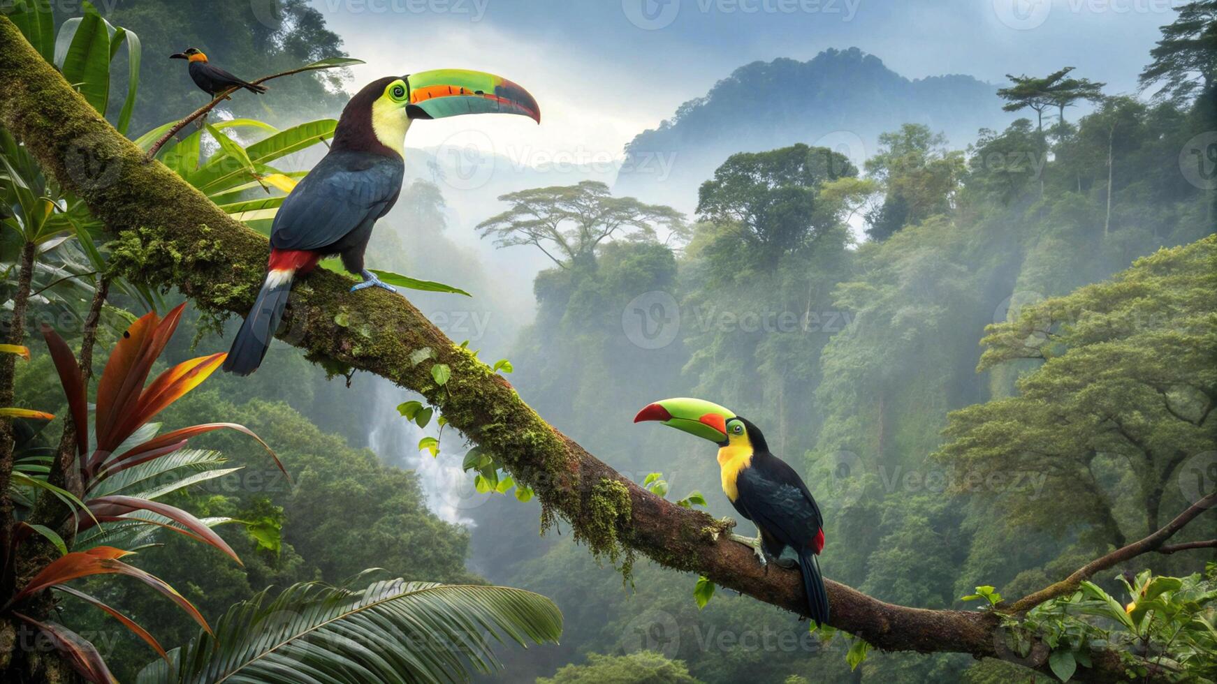 Two colorful toucan birds perched on branch vibrant photo
