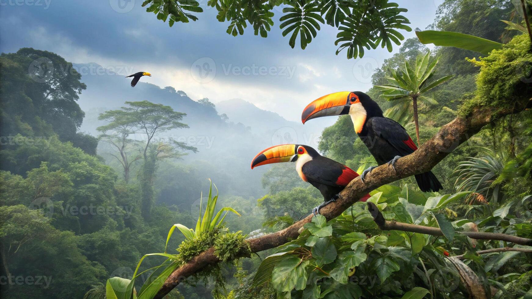 colorful toucan birds perched on branch vibrant photo