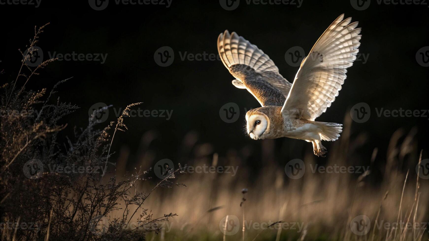 barn owl flying spreading wings hunting night photo