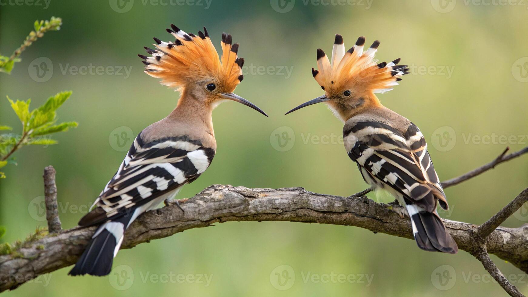 pair of colorful hoopoe birds perched on branch photo
