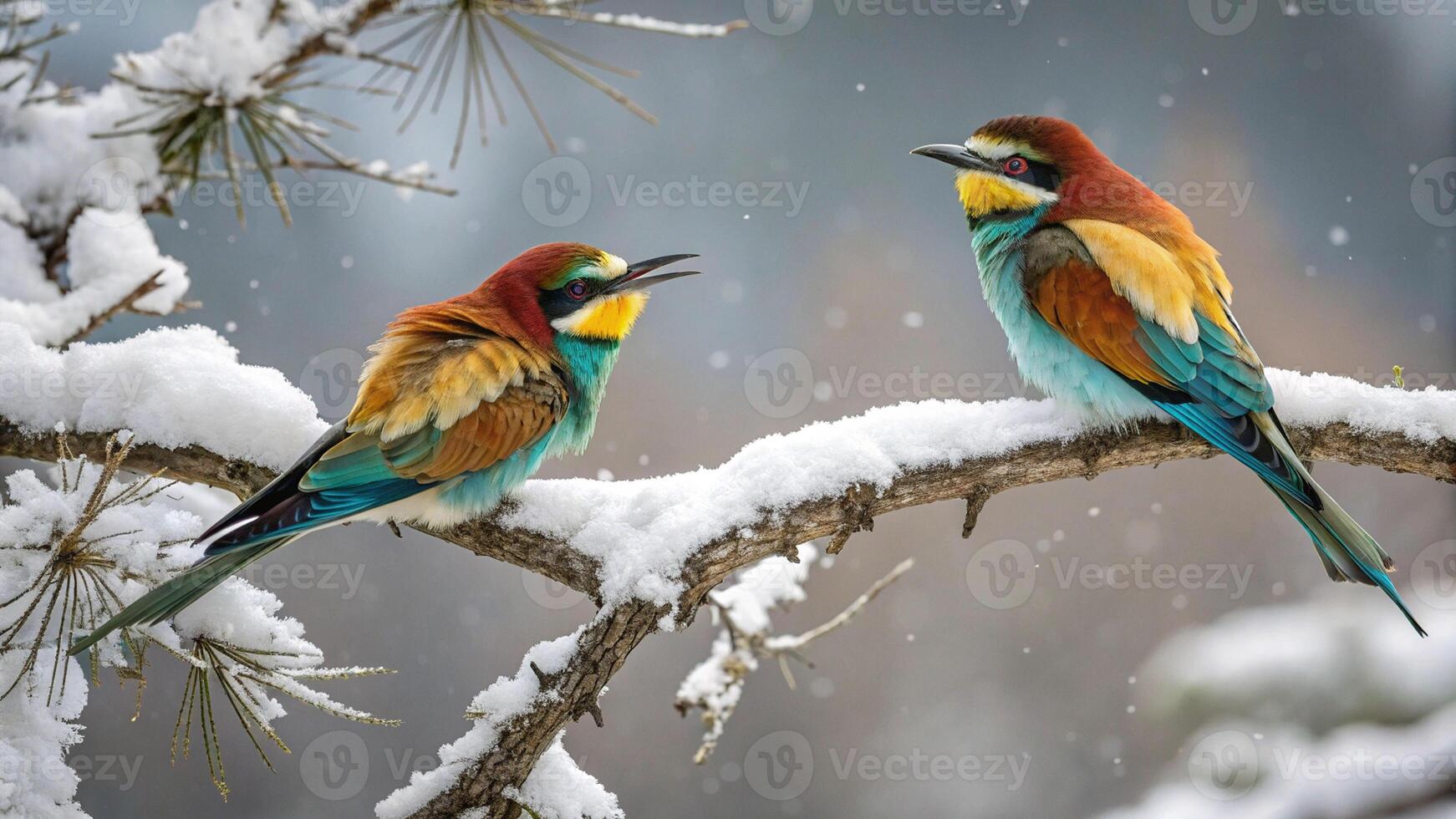 two colorful birds perched on snowy branch photo