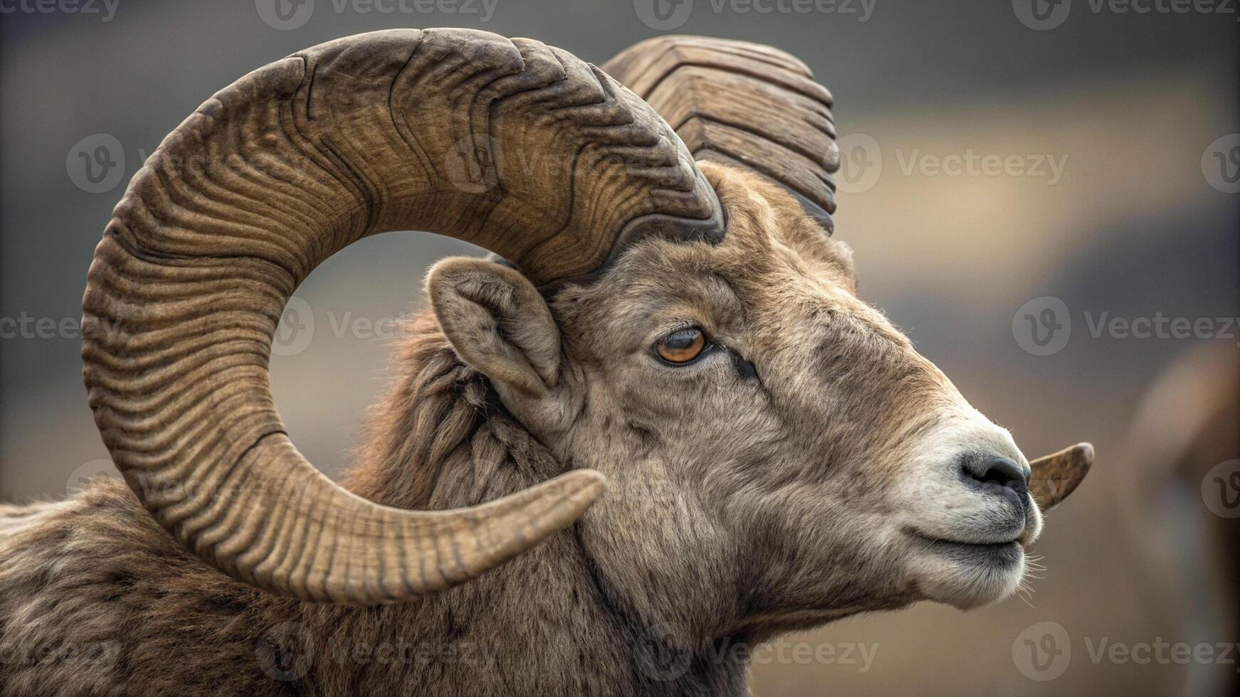 close up portrait of big horn sheep with large horns photo