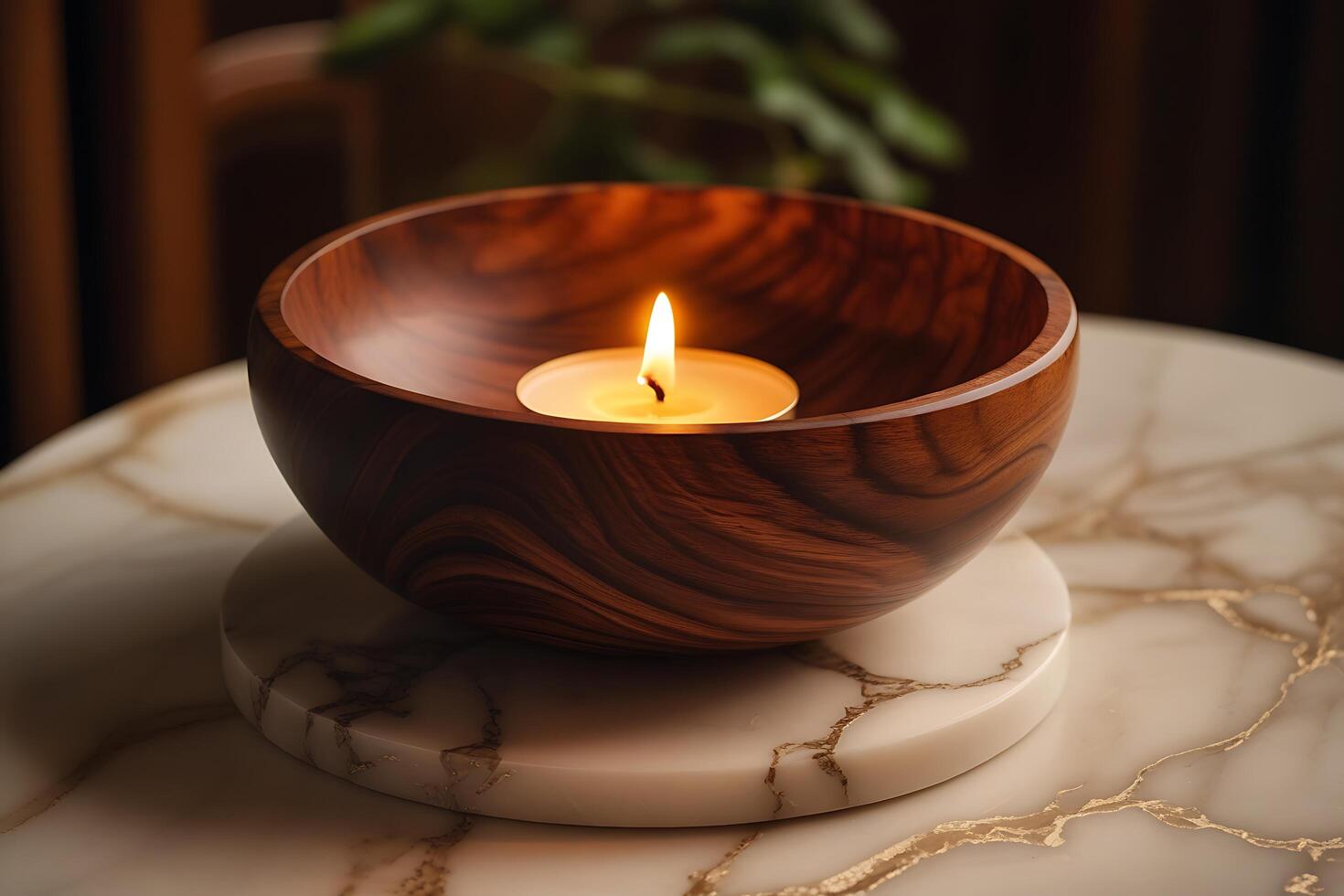 A beautifully crafted wooden bowl holding a glowing candle set atop a marble coaster creating serene ambiance photo