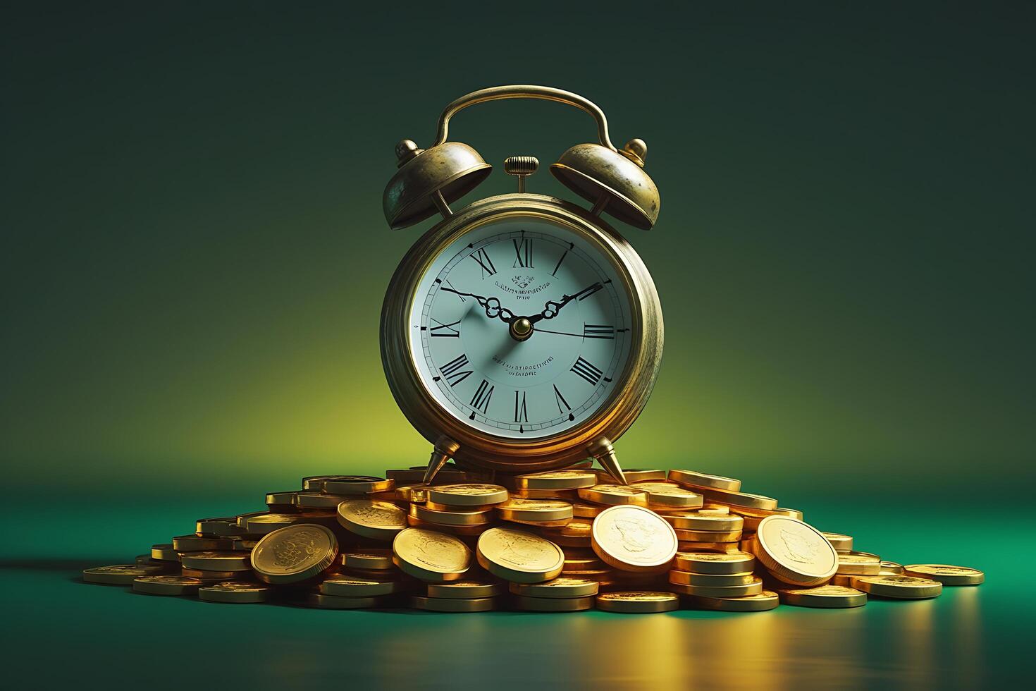 A vintage golden alarm clock atop a pile of gold coins representing time and financial investments on a green background photo