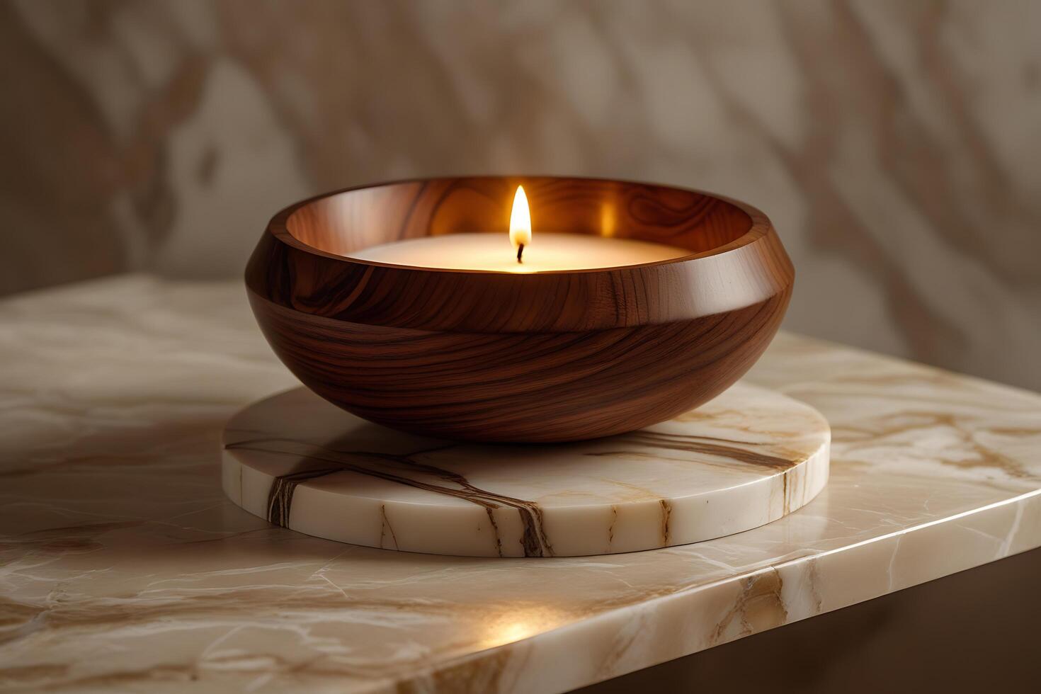 A luxurious scented candle in an elegant wooden bowl with a flickering flame sitting on a marble coaster. photo