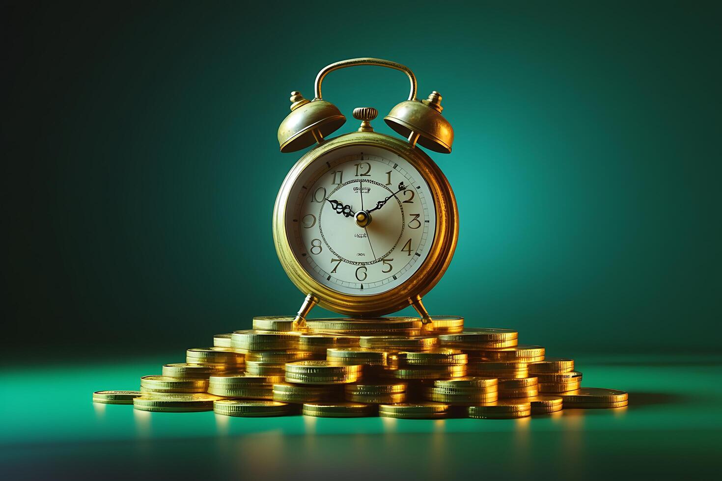 A vintage golden alarm clock sits atop a pyramid of gold coins symbolizing wealth and financial success on a green surface. photo