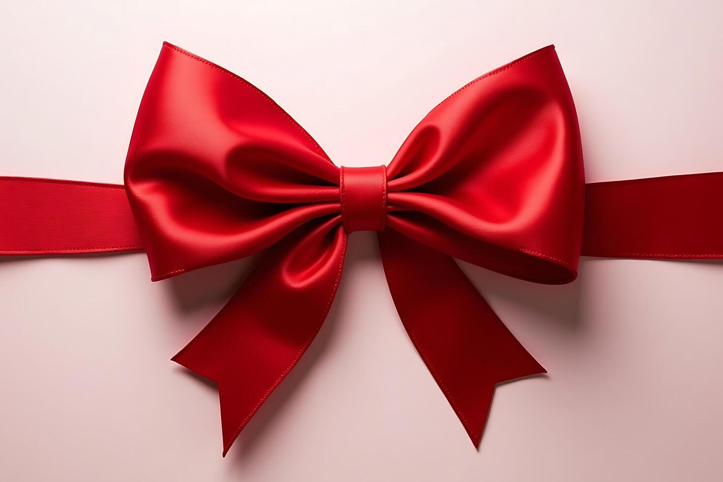 A beautifully rendered vibrant red ribbon bow gracefully displayed against a soft and subtle pastel pink background. photo