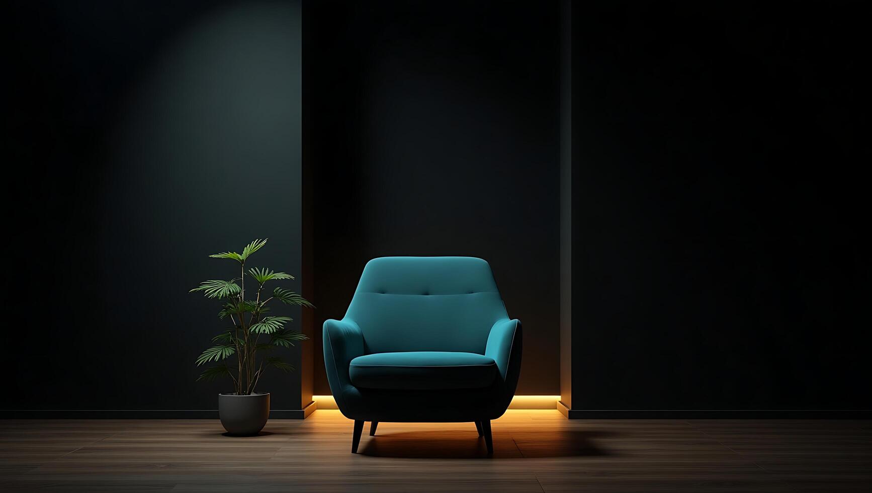 An inviting teal armchair with a potted houseplant sits in a modern minimalist living room setting under warm ambient light. photo