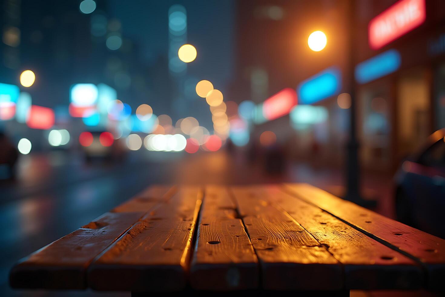 A wooden table with bokeh lights of a city street at night, showcasing a warm and inviting ambiance. photo