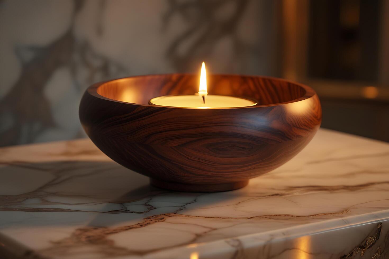A single burning candle inside a beautifully crafted wooden bowl placed on a marble surface. photo