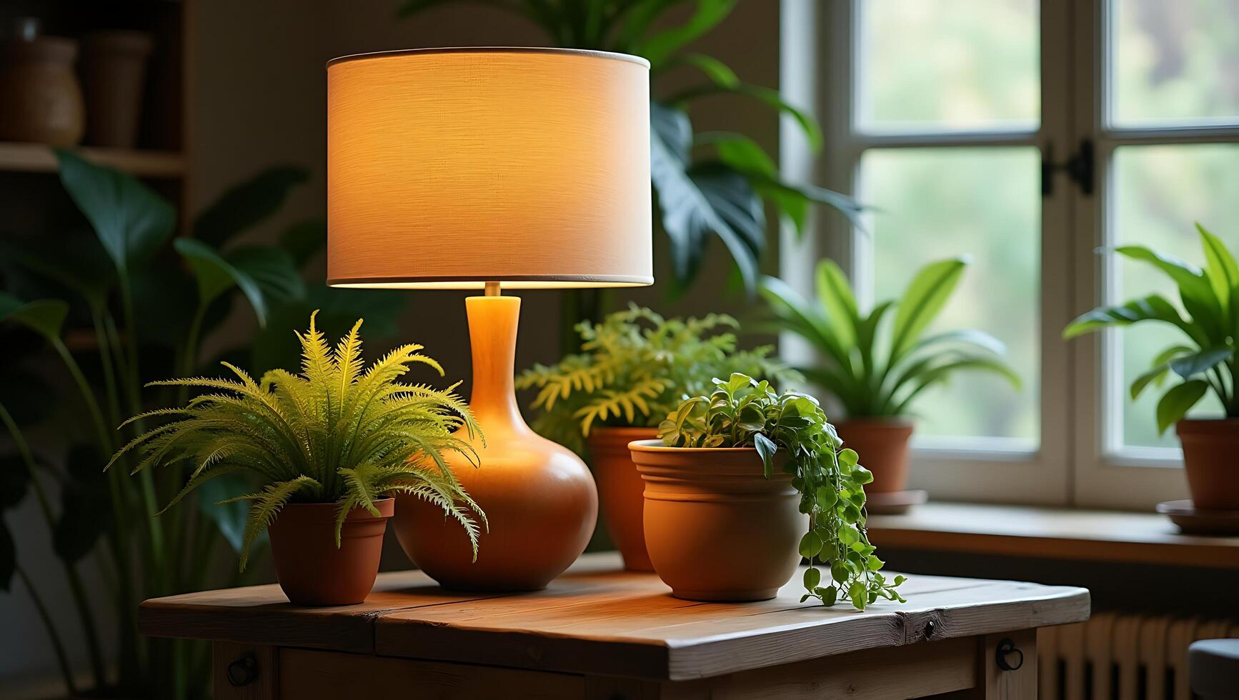A warm lit lamp sits on a wooden table surrounded by various potted plants creating a cozy living space. photo