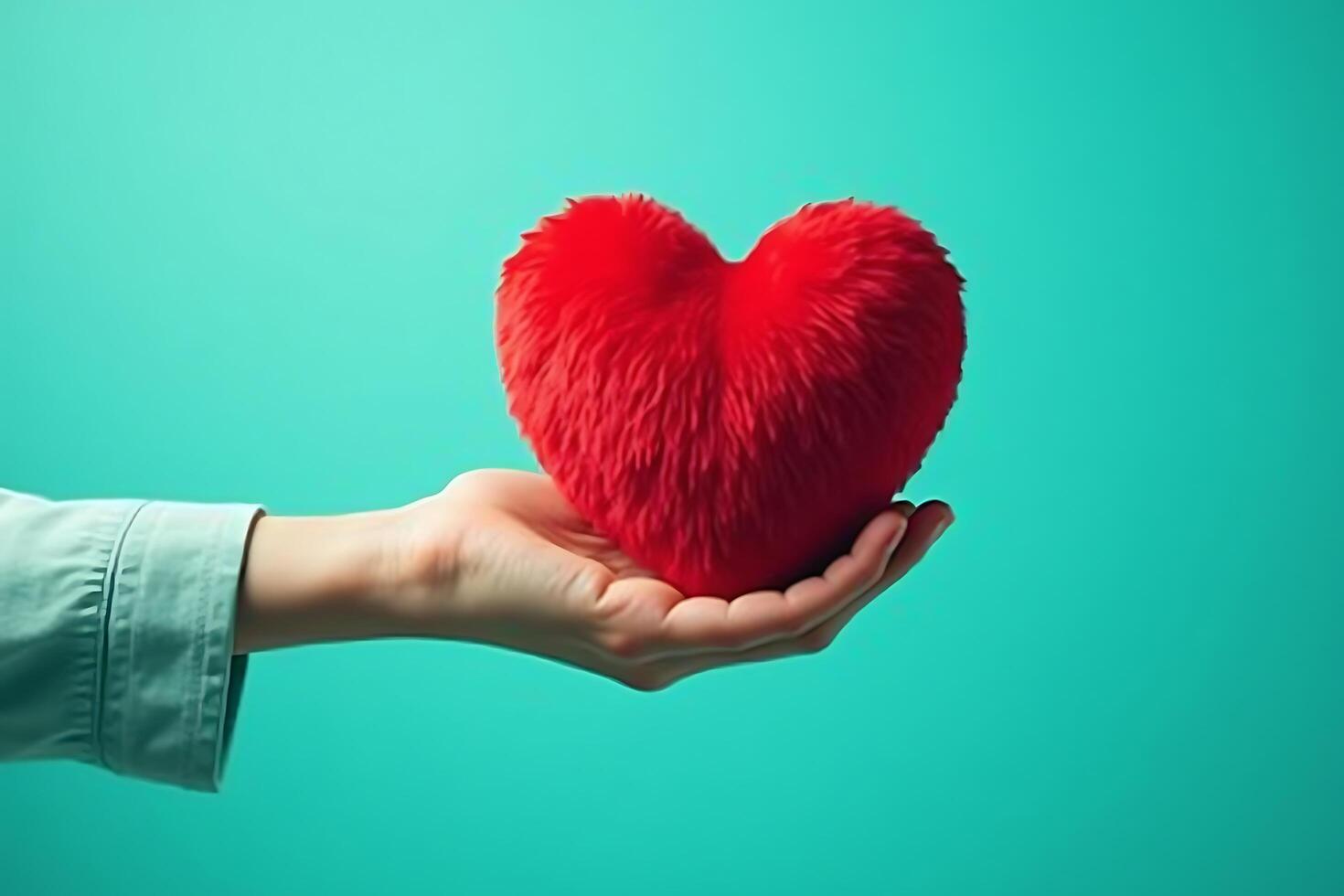 A tender offering a soft red heart held gently in a hand against a vibrant teal background. photo