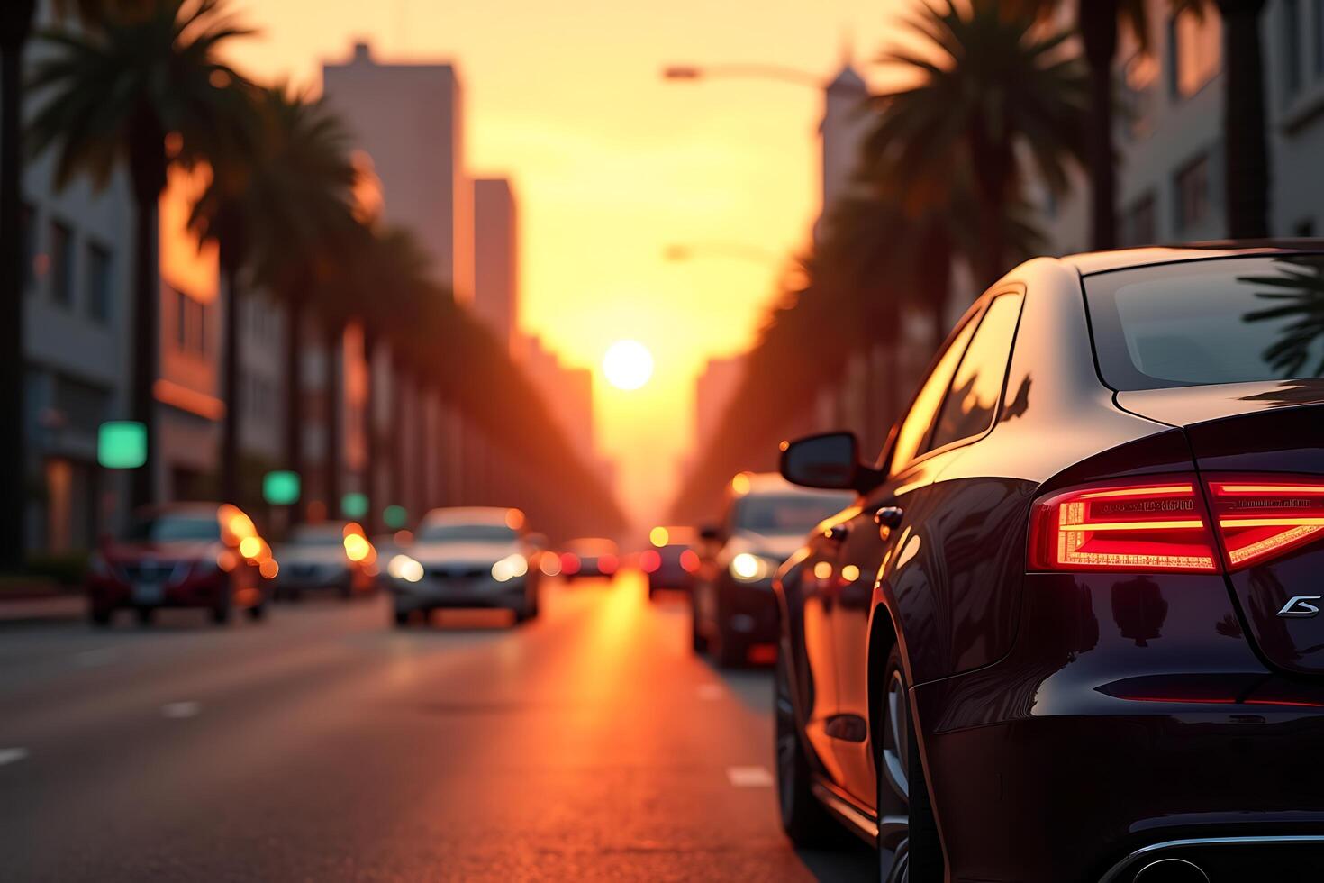 Beautiful cinematic shot of a luxury car on a sunlit road in a vibrant city during golden hour. photo