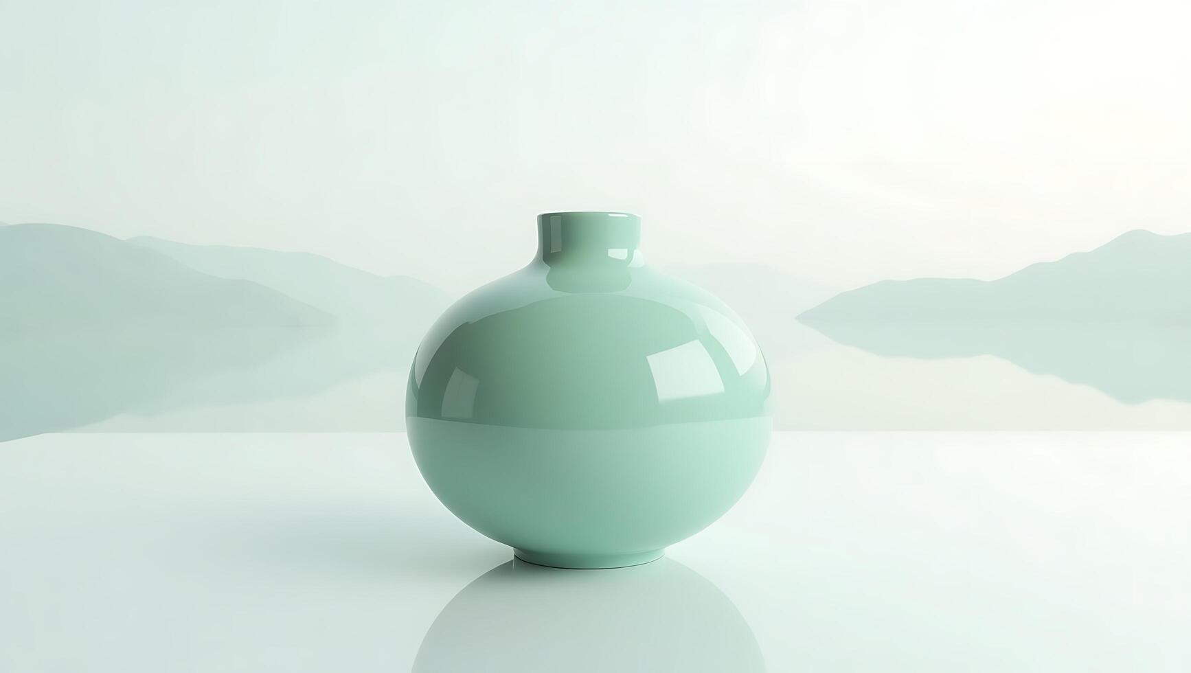 Serene minimalist still life features a light green ceramic vase against a misty landscape backdrop reflecting tranquility. photo